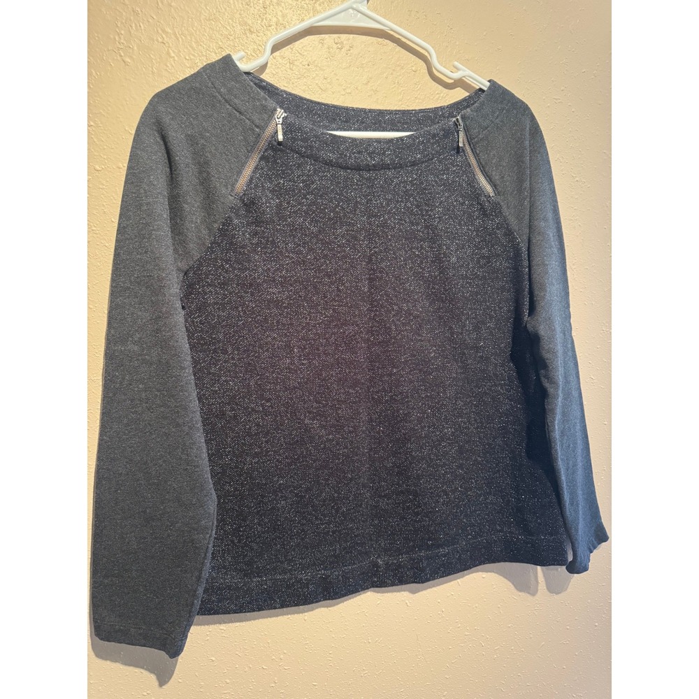 Ann Taylor LOFT Metallic Shimmer Zip Accent Raglan Top Gray Women Medium - Picture 2 of 7